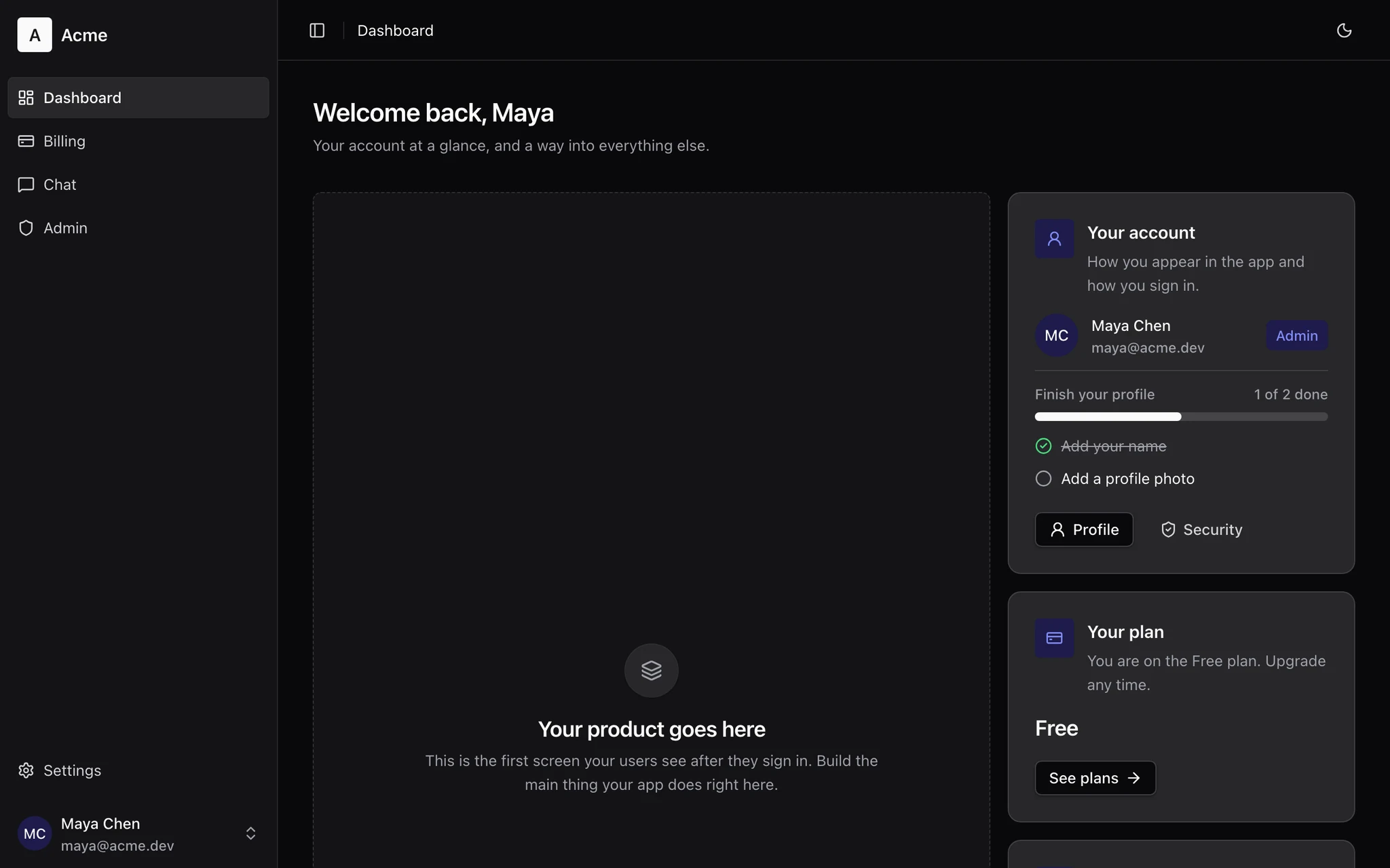 The dashboard of a generated app: sidebar, account card, plan card and an empty space for your product.