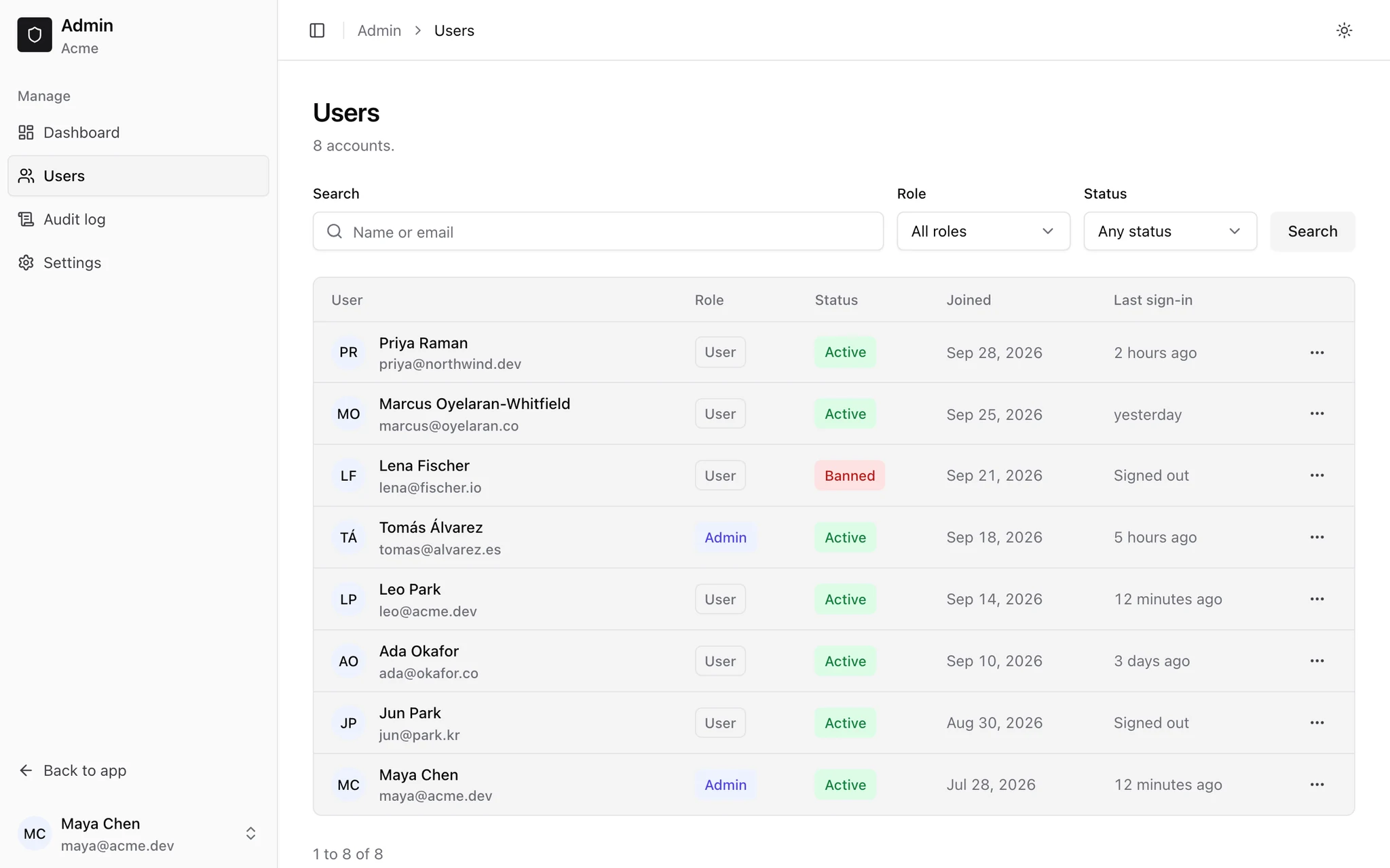 The admin panel's users table with roles, status, join date and last sign-in.