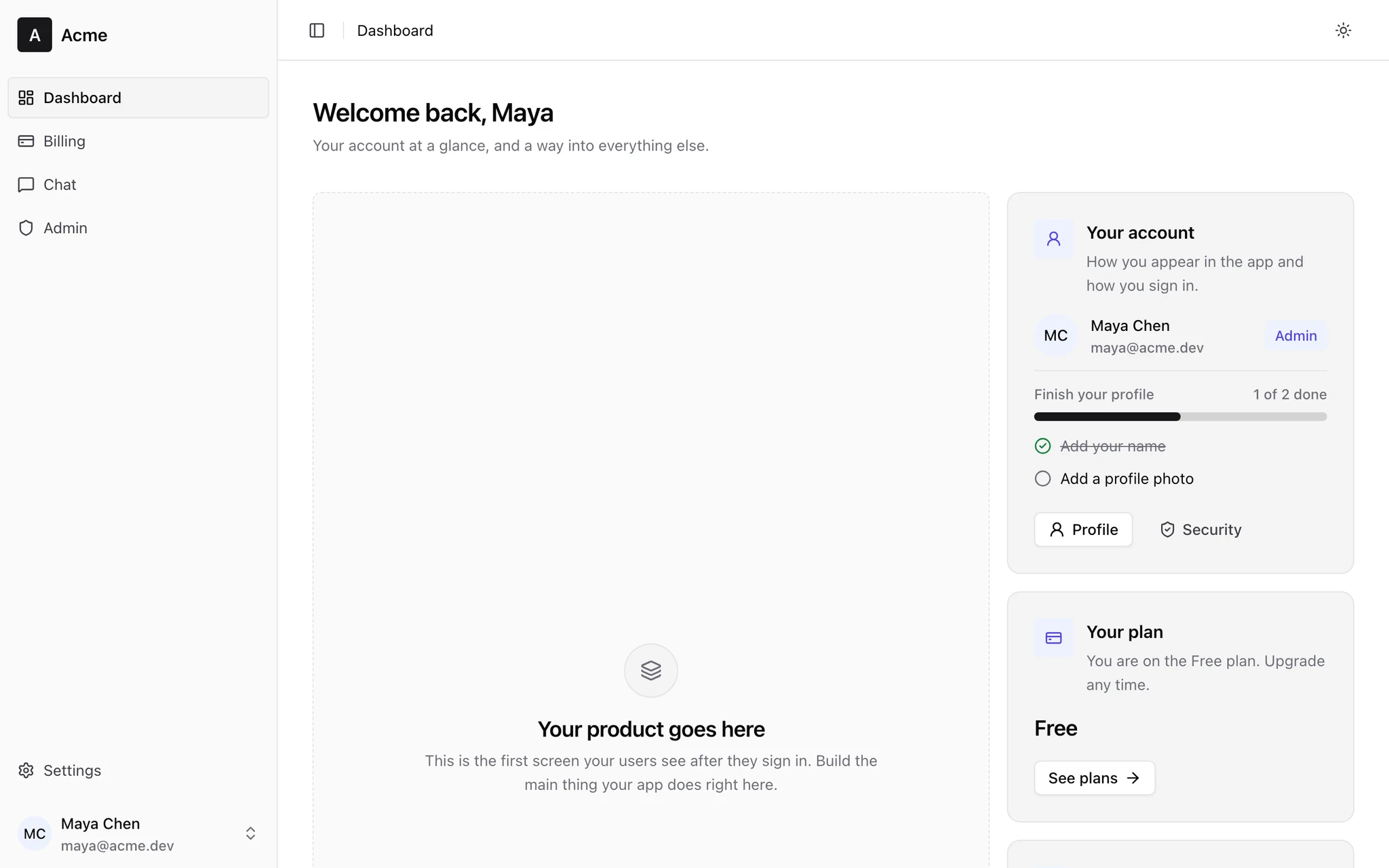 The dashboard of a generated app: sidebar, account card, plan card and an empty space for your product.