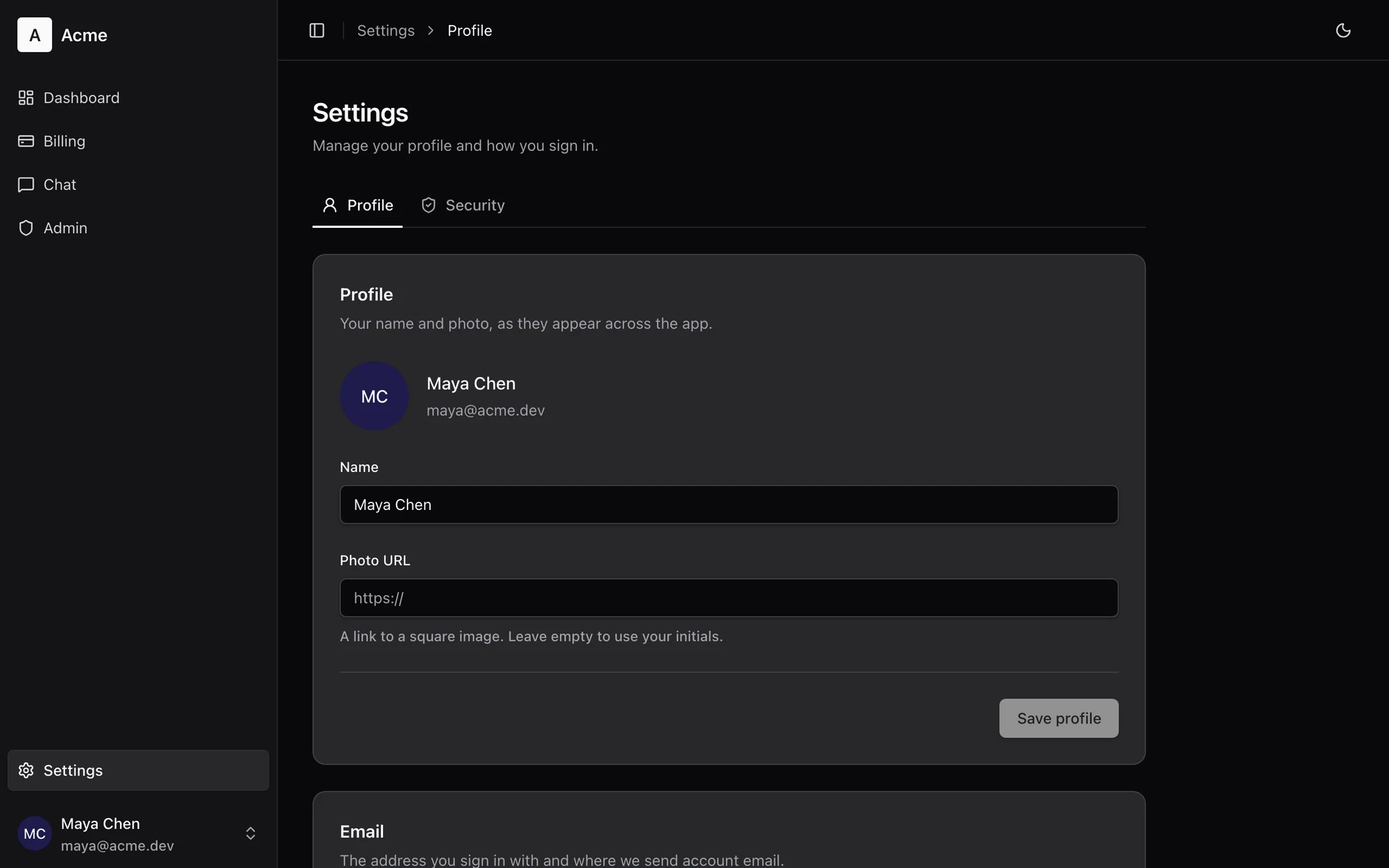 Profile settings inside the signed-in app, with the sidebar and account menu.