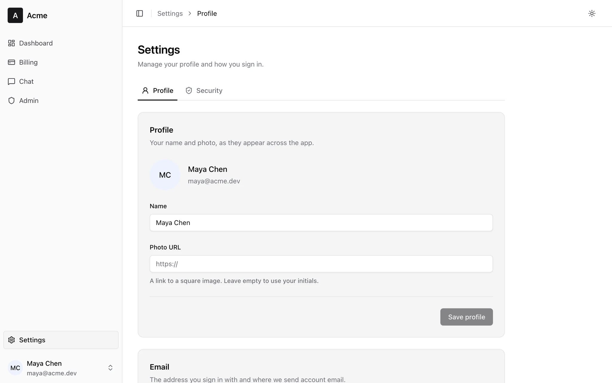 Profile settings inside the signed-in app, with the sidebar and account menu.